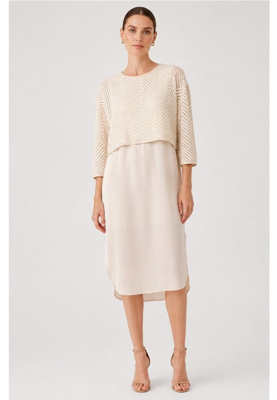 Tibi Ivory Silk Midi Dress Sheer Chevron Sleeve Size Medium